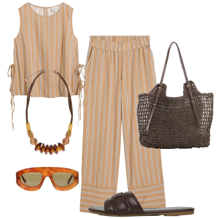 Outfit donna - Estate afosa in città. Stile Trendy per Tutti i giorni. Abbinamento con canottiere, shopping bag, pantaloni, ciabatte, occhiali da sole, collane.