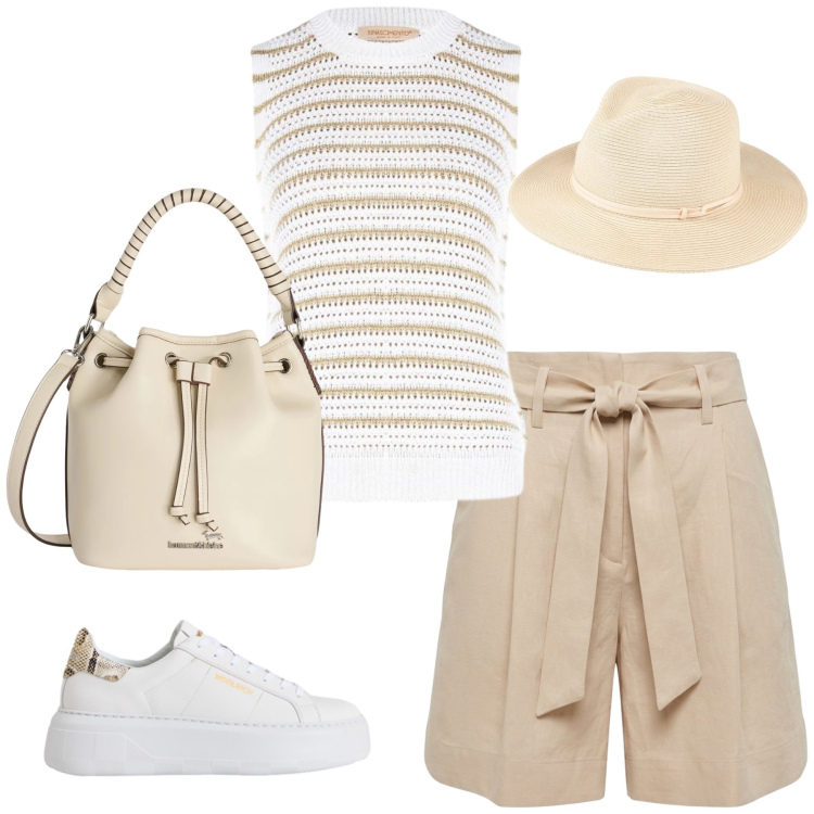 Outfit donna - Traveling in June. Stile Casual per Tutti i giorni. Abbinamento con cappelli, borse a secchiello, bermuda, top, sneakers.