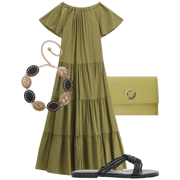 Outfit donna - Movimento fluido. Stile Trendy per Tutti i giorni. Abbinamento con cinture, portafogli, vestiti lunghi, sandali.
