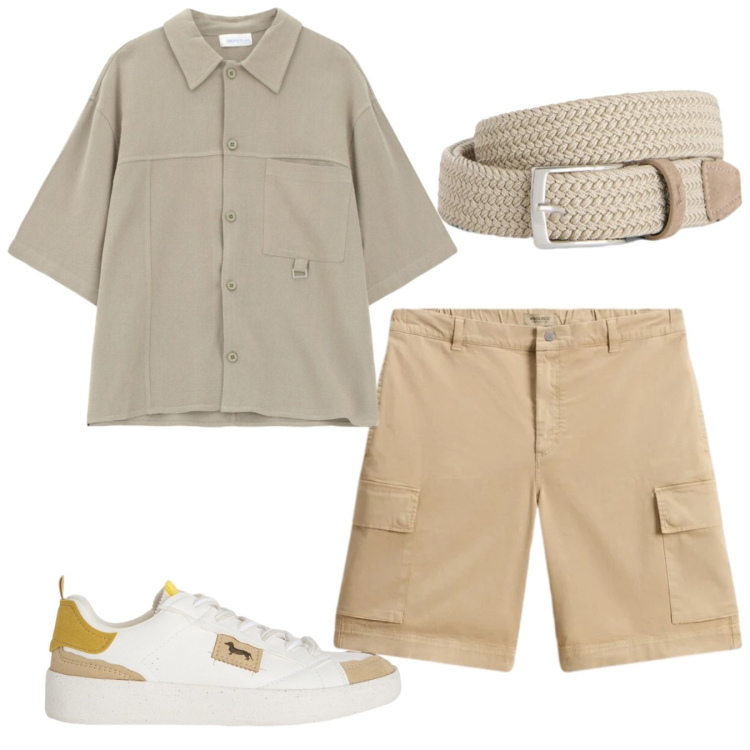Outfit uomo - Weekend. Stile Casual per Tutti i giorni. Abbinamento con sneakers, cinture, pantaloni corti, camicie a manica corta.