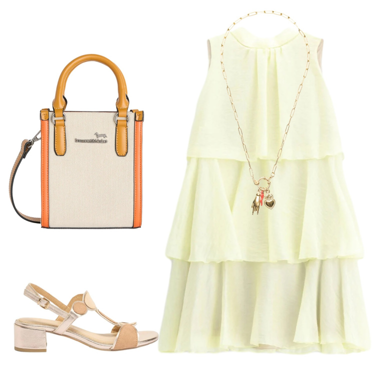 Outfit donna - Solare. Stile Romantica per Tutti i giorni. Abbinamento con sandali col tacco, borse tote, vestiti corti, ciondoli.