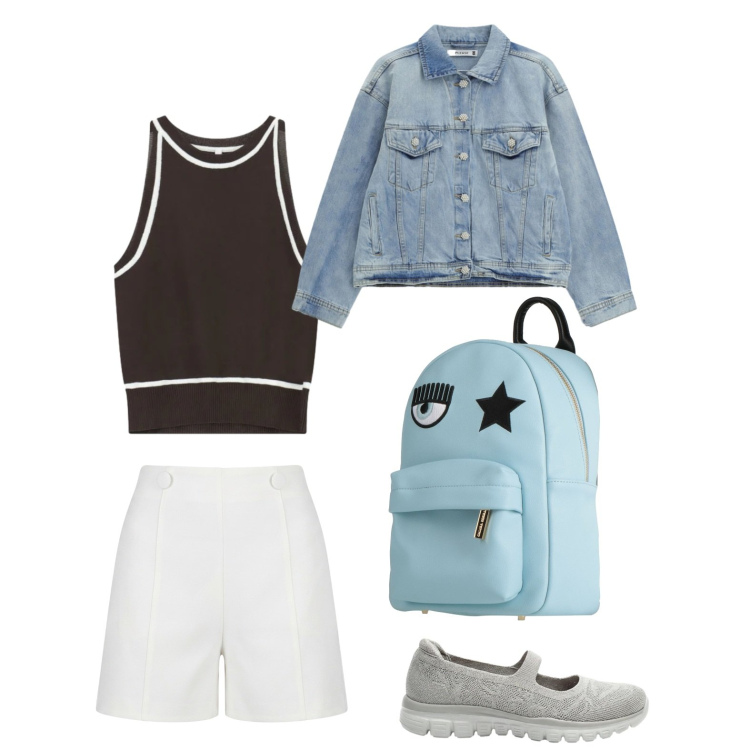 Outfit donna - Serata estiva. Stile Sporty chic Abbinamento con top, blazer, pantaloni corti, zaini, ballerine.