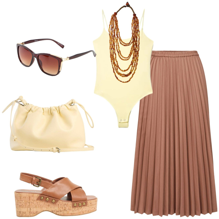Outfit donna - Total look #2424921. Stile 70s per Tutti i giorni. Abbinamento con zeppe, occhiali da sole, borse a tracolla, canottiere, collane, minigonne.