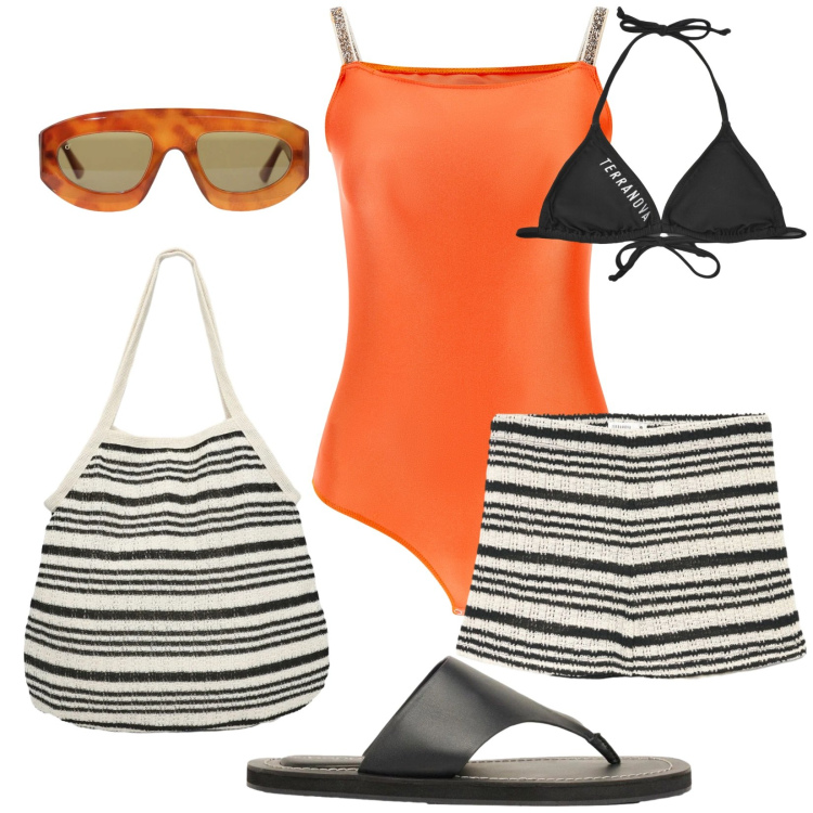 Outfit donna - Total look #2424922. Stile Chic per Mare. Abbinamento con infradito, shopping bag, shorts, bikini, occhiali da sole, top.