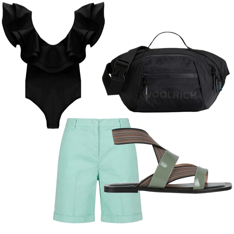 Outfit donna - Minimal. Stile Minimal per Tutti i giorni. Abbinamento con sandali in pelle, bermuda, top, borse a tracolla.