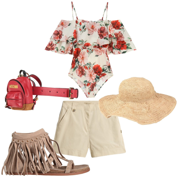 Outfit donna - Estate glam. Stile Glamour per Tutti i giorni. Abbinamento con marsupi, cappelli, infradito, body, pantaloni corti.