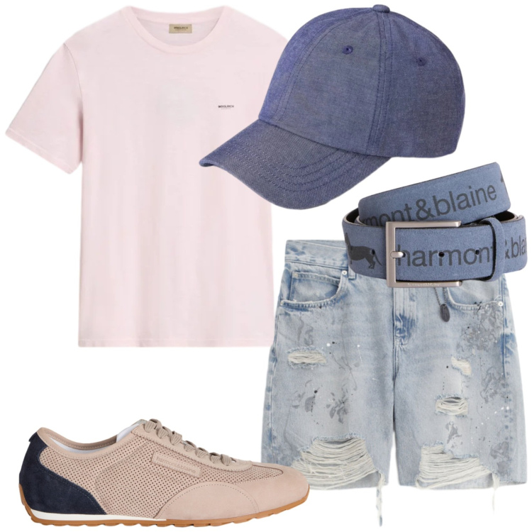 Outfit uomo - Total look #2424927. Stile Urban per Mare. Abbinamento con sneakers, cinture, t-shirt, cappelli con visiera, bermuda.
