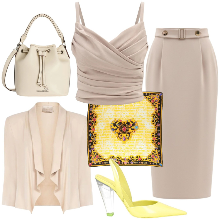 Outfit donna - Cerimonia. Stile Chic per Cerimonia. Abbinamento con décolleté, sciarpe, borse a secchiello, canottiere, gonne longuette, blazer.