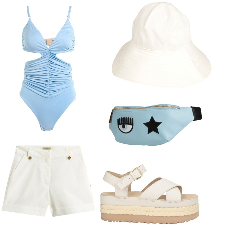 Outfit donna - Casual. Stile Casual per Tutti i giorni. Abbinamento con sandali in pelle, cappelli, body, marsupi, pantaloni corti.
