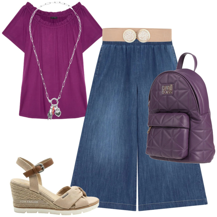 Outfit donna - Total look #2424930. Stile Casual per Tutti i giorni. Abbinamento con zaini, sandali col tacco, jeans, ciondoli, cinture, t-shirt.