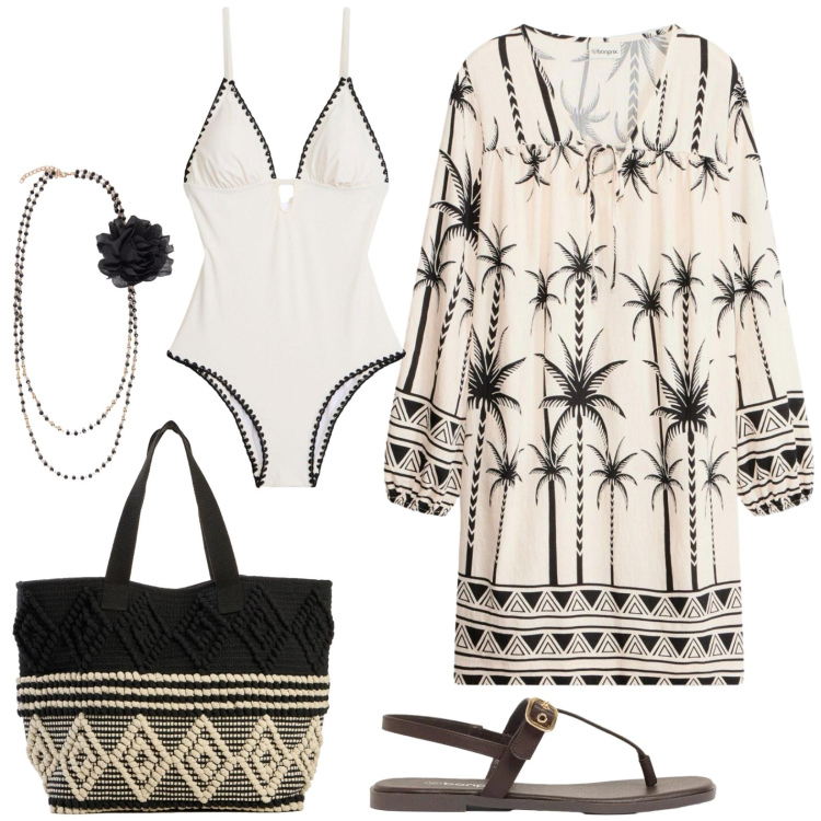 Outfit donna - Mare. Stile Casual per Mare. Abbinamento con vestiti, sandali, costumi interi, shopping bag, collane.