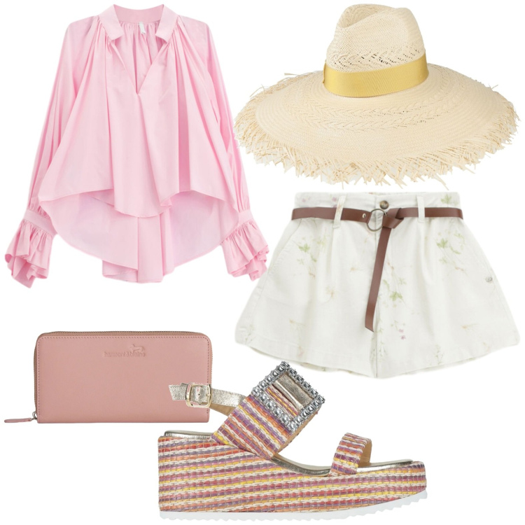 Outfit donna - Shorts e camicia morbida. Stile Casual per Tutti i giorni. Abbinamento con cappelli, sandali in pelle, portafogli, camicie, shorts.