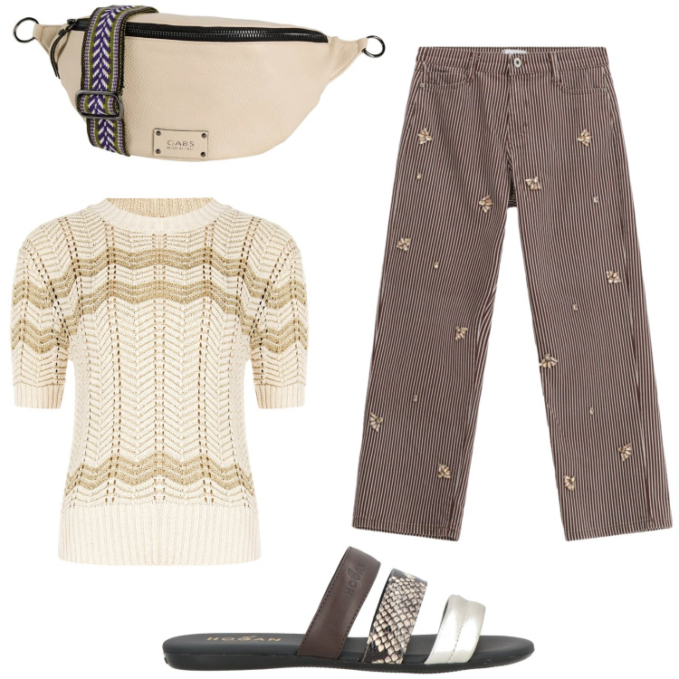 Outfit donna - Pantaloni con applicazioni. Stile Casual per Tutti i giorni. Abbinamento con sandali in pelle, marsupi, pantaloni a palazzo, t-shirt.