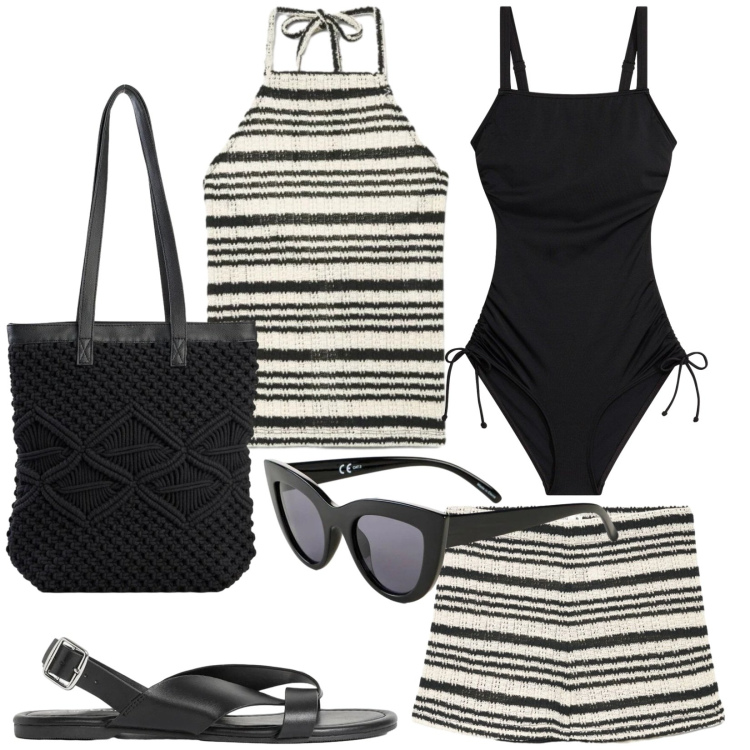 Outfit donna - Spiaggia e aperitivo. Stile Chic per Mare. Abbinamento con sandali, costumi interi, shopping bag, occhiali da sole, shorts, canottiere.