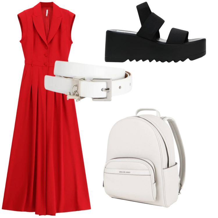 Outfit donna - Look armonioso. Stile Glamour per Tutti i giorni. Abbinamento con zaini, sandali col tacco, cinture, tute.