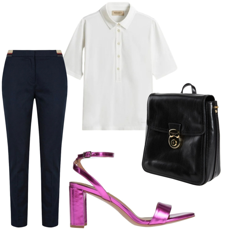 Outfit donna - Sandalo appariscente. Stile Casual per Ufficio. Abbinamento con zaini, sandali in pelle, pantaloni chino, polo.
