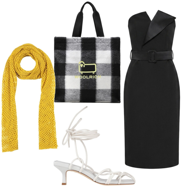 Outfit donna - Tubino all day. Stile Glamour per Ufficio. Abbinamento con sciarpe, sandali col tacco, vestiti asimmetrici, borse tote.