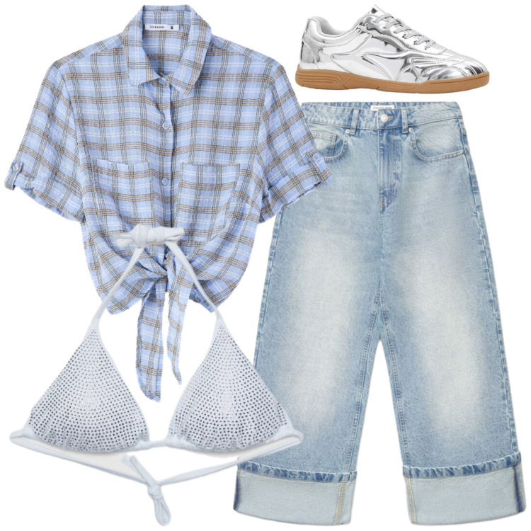 Outfit donna - Casual. Stile Casual per Tutti i giorni. Abbinamento con sneakers, camicie a manica corta, bikini, jeans.
