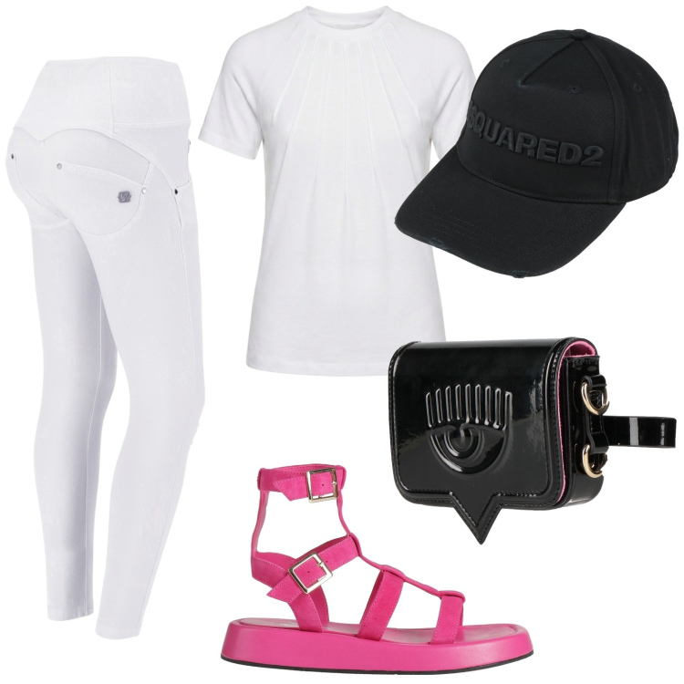 Outfit donna - Giugno basic. Stile Basic per Tutti i giorni. Abbinamento con marsupi, sandali alla schiava, cappelli con visiera, t-shirt, pantaloni skinny.