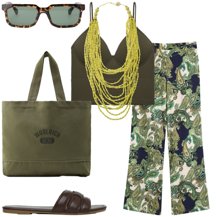 Outfit donna - Total look #2424952. Stile Etnico per Tutti i giorni. Abbinamento con pantaloni, top, ciabatte, occhiali da sole, collane, borse tote.