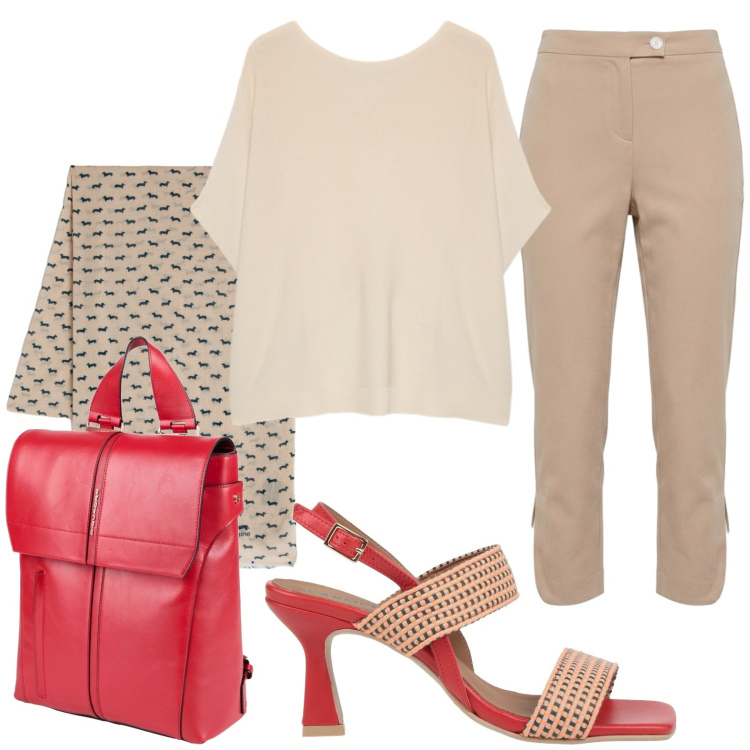 Outfit donna - Tutto il giorno. Stile Casual per Ufficio. Abbinamento con zaini, sandali in pelle, sciarpe, pantaloni, t-shirt.