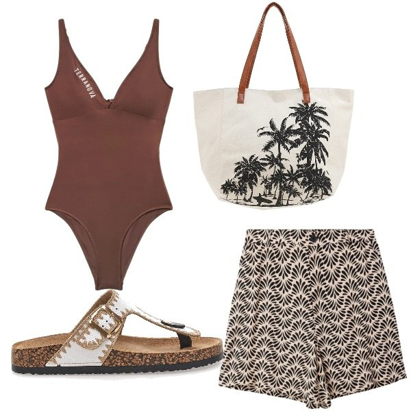Outfit donna - Costume intero. Stile Casual per Mare. Abbinamento con costumi interi, shorts, infradito, shopping bag.
