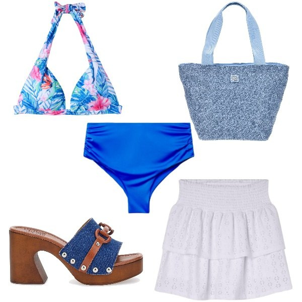 Outfit donna - Zoccoli col tacco. Stile Romantica per Mare. Abbinamento con minigonne, bikini, bikini, zoccoli, shopping bag.