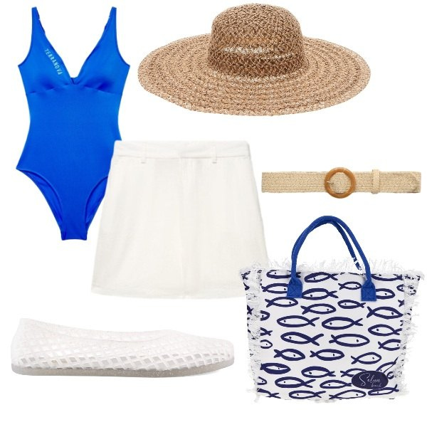 Outfit donna - Borsa coi pesciolini. Stile Casual chic per Mare. Abbinamento con cinture, shorts, costumi interi, ballerine, cappelli, shopping bag.