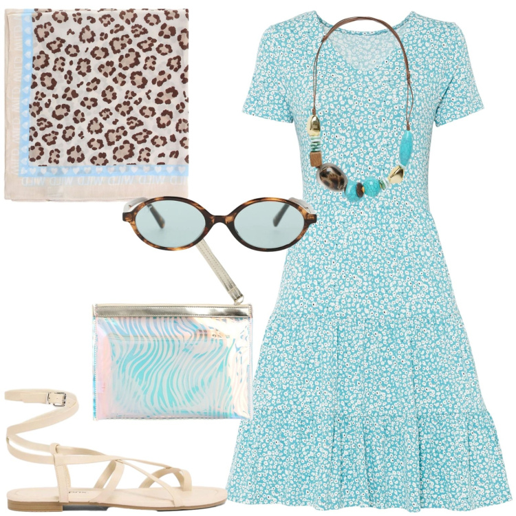 Outfit donna - Vacanza. Stile Casual per Mare. Abbinamento con vestiti, sandali, pochette, occhiali da sole, foulard, collane.