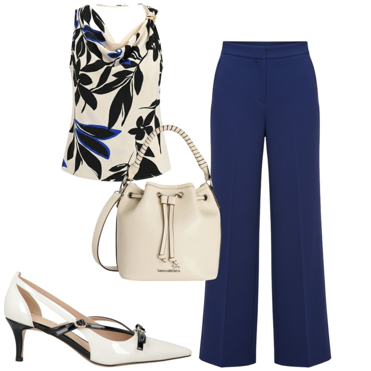 Outfit donna - City. Stile Urban per Tutti i giorni. Abbinamento con décolleté, borse a secchiello, pantaloni a palazzo, canottiere.
