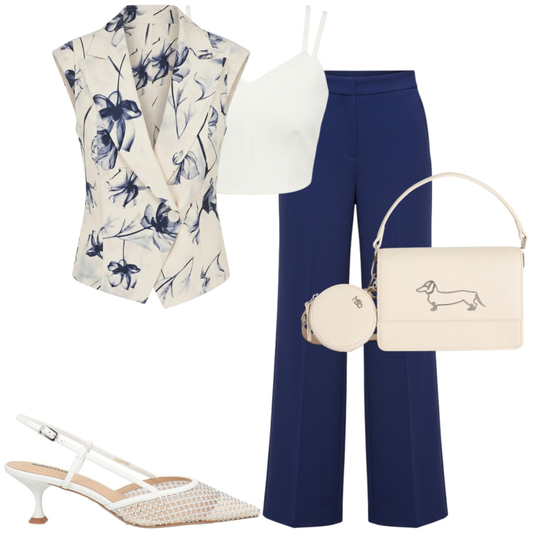 Outfit donna - City. Stile Chic per Tutti i giorni. Abbinamento con décolleté, borse a tracolla, top, pantaloni a palazzo, gilet.