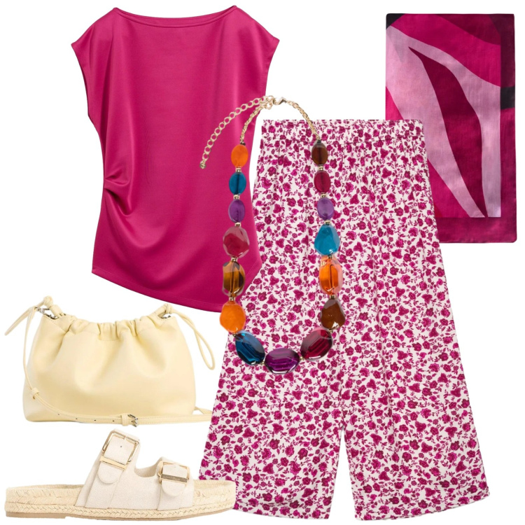 Outfit donna - Total look #2424973. Stile Casual per Tutti i giorni. Abbinamento con borse a tracolla, ciabatte, top, pantaloni a palazzo, foulard, collane.