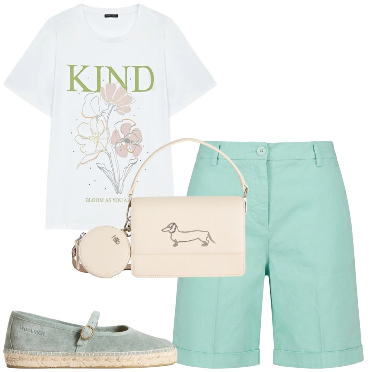 Outfit donna - Giugno. Stile Casual chic per Tutti i giorni. Abbinamento con borse a tracolla, bermuda, espadrillas, t-shirt.