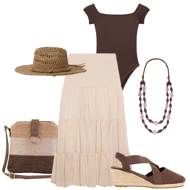 Outfit donna - Mood gitano. Stile Boho per Tutti i giorni. Abbinamento con zeppe, borse a tracolla, top, gonne lunghe, cappelli, collane.