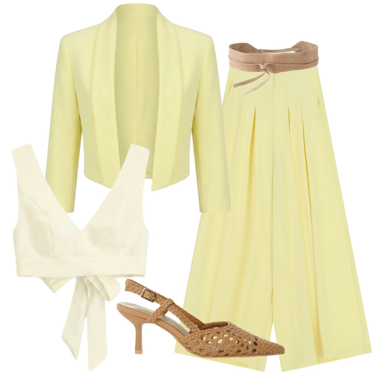 Outfit donna - Total look #2424977. Stile Casual chic per Serata fuori. Abbinamento con cinture, décolleté, pantaloni a palazzo, top, bolero.
