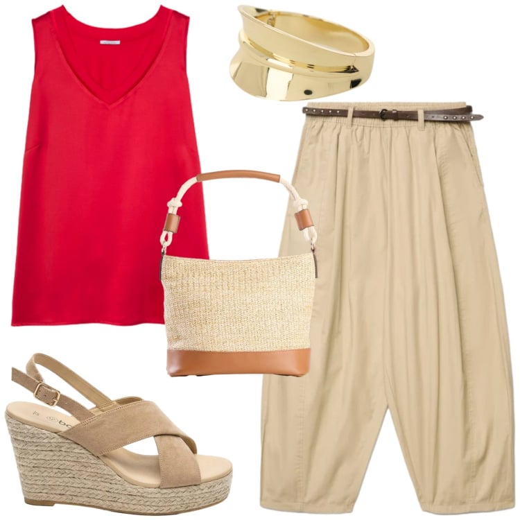 Outfit donna - Total look #2424980. Stile Trendy per Tutti i giorni. Abbinamento con sandali col tacco, borse a secchiello, pantaloni, braccialetti, top.