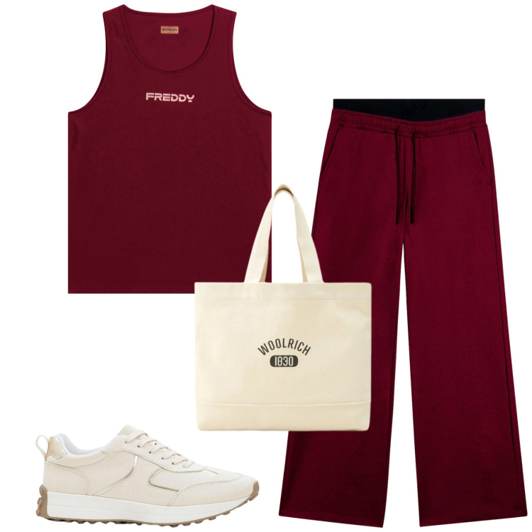 Outfit donna - Total look #2424982. Stile Sporty chic per Tutti i giorni. Abbinamento con sneakers, top, pantaloni, borse tote.