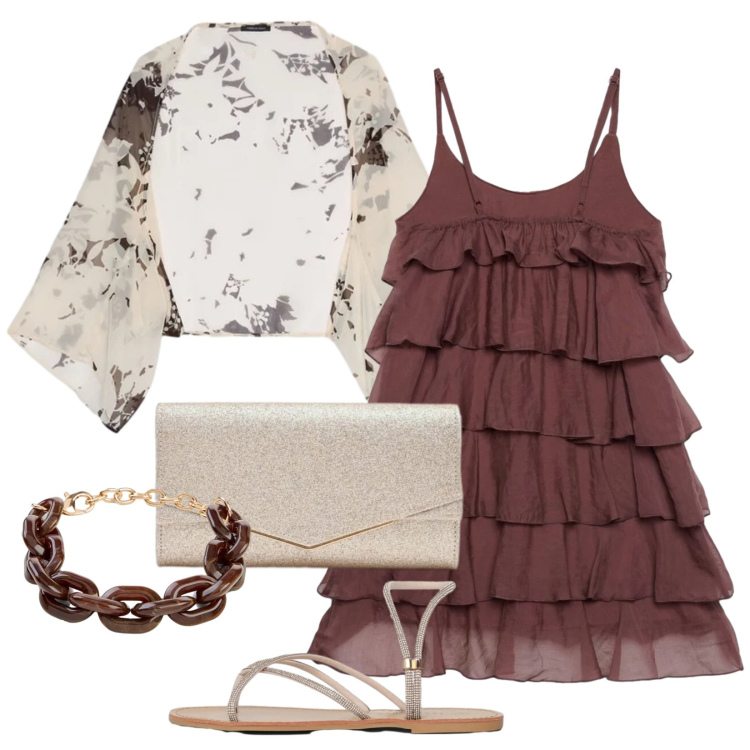 Outfit donna - Aperitivo al cioccolato. Stile Glamour per Serata fuori. Abbinamento con braccialetti, sandali, vestiti corti, clutch, bolero.