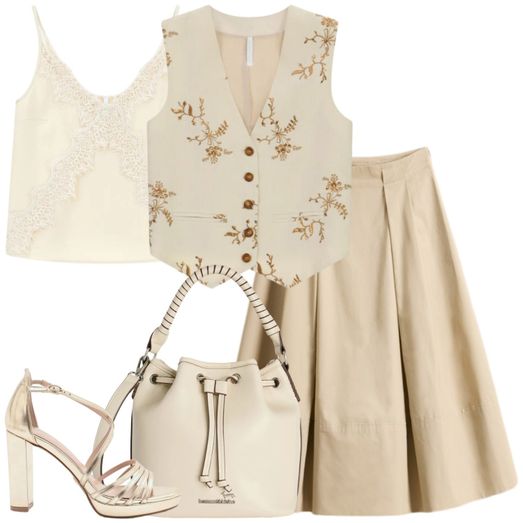 Outfit donna - Spirito estivo. Stile Casual chic per Ufficio. Abbinamento con borse a secchiello, gilet, canottiere, sandali col tacco, gonne lunghe.