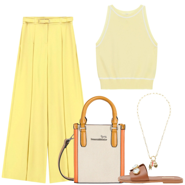 Outfit donna - In giallo. Stile Casual per Tutti i giorni. Abbinamento con borse tote, top, pantaloni a palazzo, ciondoli, sandali gioiello.