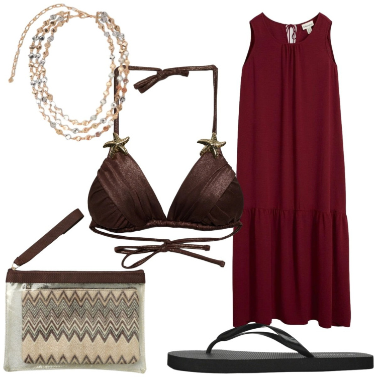 Outfit donna - Total look #2425017. Stile Etnico per Mare. Abbinamento con vestiti lunghi, infradito, pochette, bikini, collane.
