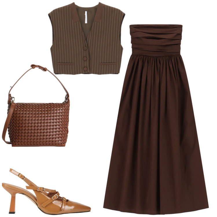 Outfit donna - A cena fuori. Stile Casual chic per Serata fuori. Abbinamento con décolleté, borse a spalla, gilet, vestiti midi/longuette.