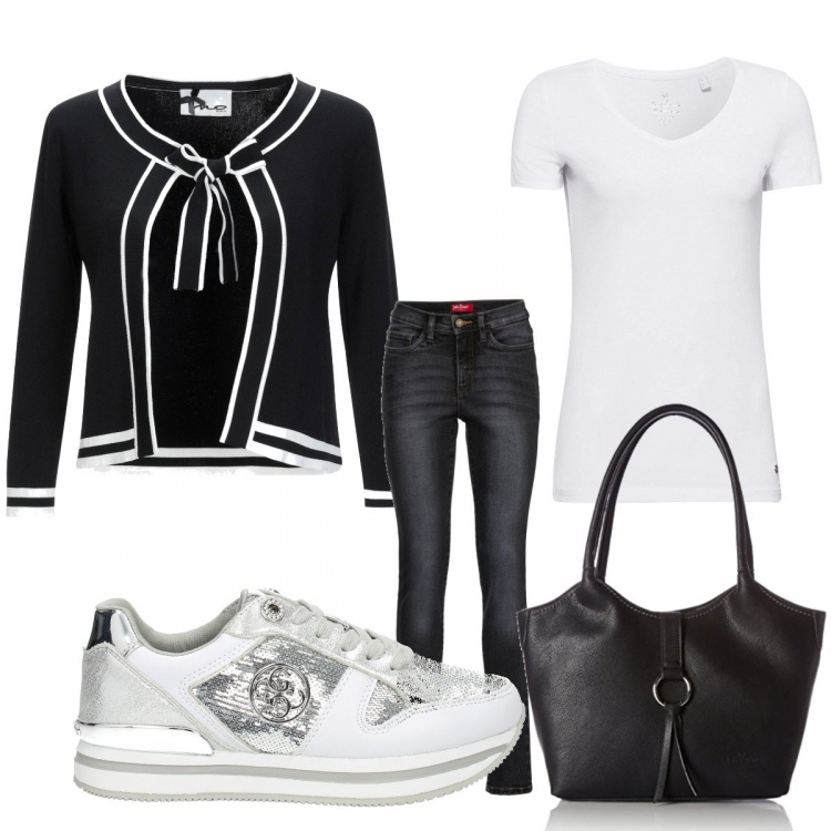Outfit donna - Andiamo a fare shopping. Stile Rock per Tutti i giorni. Abbinamento con jeans slim fit, cardigan con fiocco lavorato a maglia a maniche lunghe tinta unita, sneakers con strass e paillettes con logo frontale argento, borsa a spalla nero, t-shirt bianco.