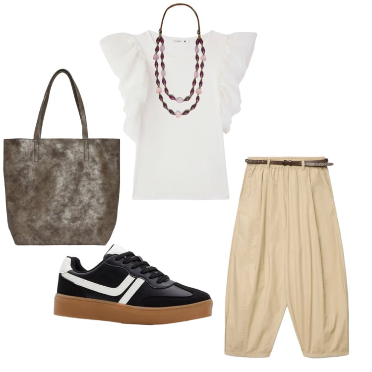 Outfit donna - Total look #2425020. Stile Basic per Ufficio. Abbinamento con sneakers, pantaloni, t-shirt, shopping bag, collane.