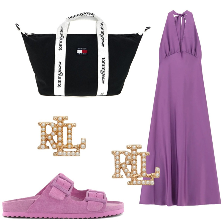 Outfit donna - Violetta. Stile Glamour per Serata fuori. Abbinamento con vestiti lunghi, orecchini, sandali in pelle, shopping bag.