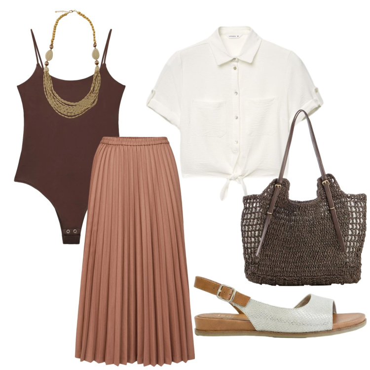 Outfit donna - Total look #2425023. Stile Romantica per Tutti i giorni. Abbinamento con sandali, shopping bag, top, camicie a manica corta, collane, minigonne.