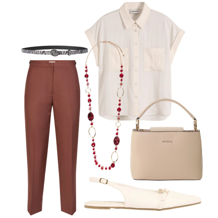 Outfit donna - Total look #2425024. Stile Casual chic per Ufficio. Abbinamento con camicie, ballerine, cinture, borse a secchiello, collane, pantaloni.