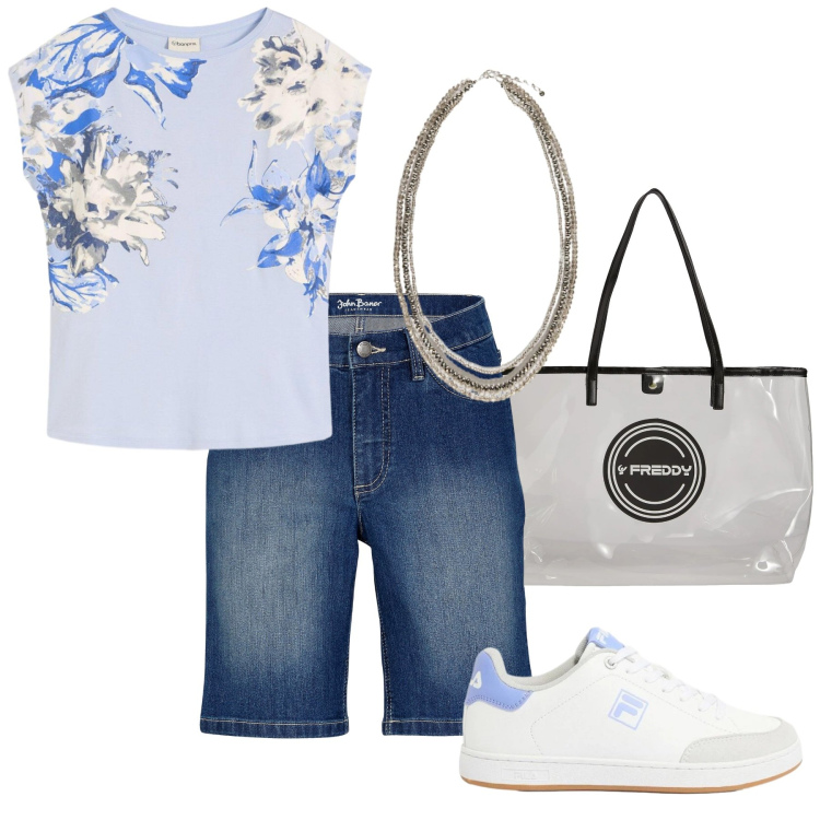 Outfit donna - Total look #2425025. Stile Basic per Mare. Abbinamento con maglieria, bermuda, sneakers, collane, shopping bag.