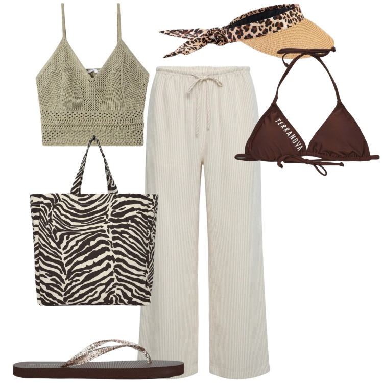 Outfit donna - Al mare. Stile Casual chic per Mare. Abbinamento con cappelli con visiera, top, shopping bag, infradito, pantaloni, bikini.