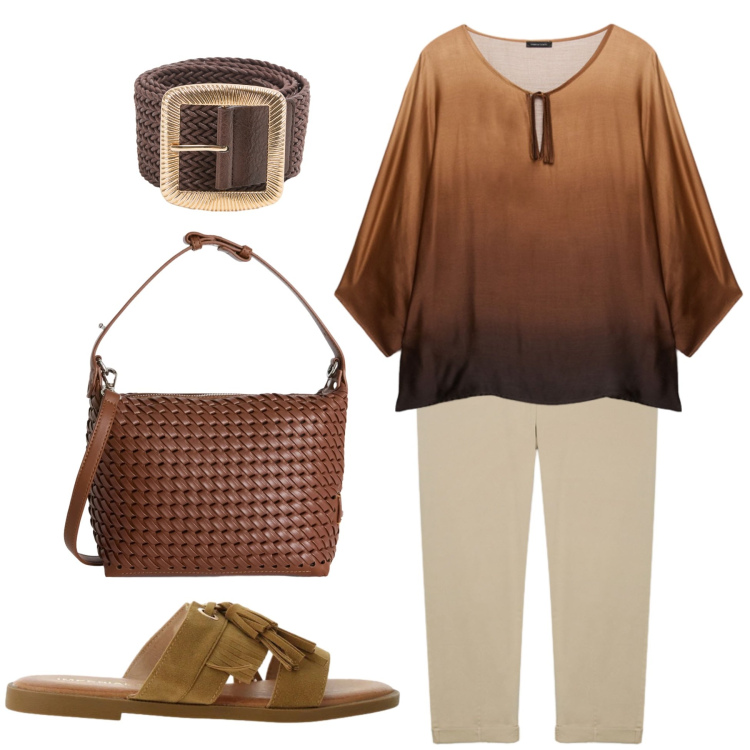Outfit donna - Toni naturali. Stile Casual chic per Tutti i giorni. Abbinamento con cinture, borse a spalla, sandali, bluse, pantaloni.